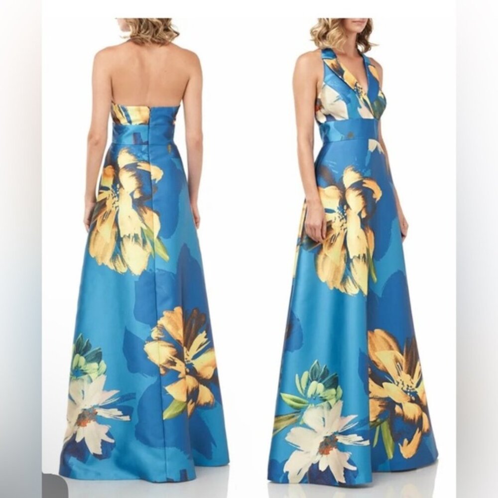 Kay Unger Carolina Floral Printed Mikado Halter Maxi Dress Gown, size 10, aqua